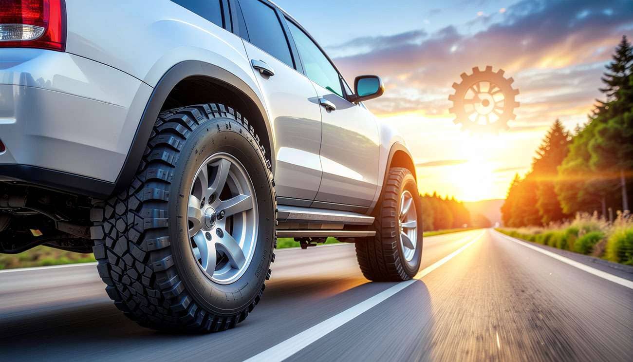 Pickup on highway with oversized tires and an overlay of gear cogs and tachometer—gear ratio and RPM calculator hero
