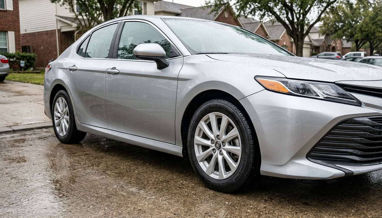 General AltiMAX RT45 all-season touring tire mounted on a silver sedan parked on a wet suburban road
