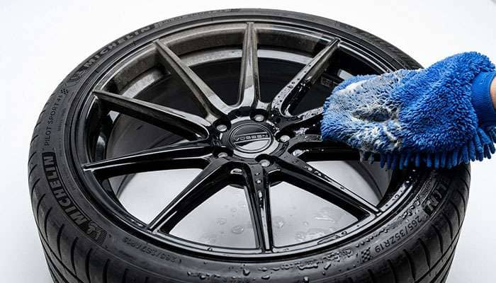 Gloss black wheel being cleaned with a wash mitt to remove brake dust