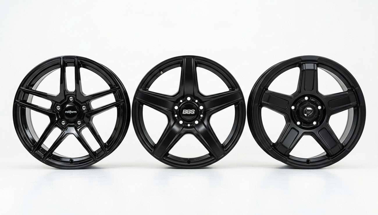 Three black aftermarket wheels side by side showing gloss, satin, and matte finishes