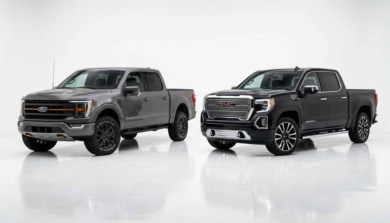 GMC Sierra 1500 pickup trims side by side on 18-inch all-terrain and 22-inch street tires