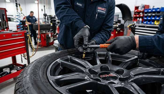 Technician repairing TPMS sensors on a GMC Yukon tire to ensure proper tire pressure monitoring system function