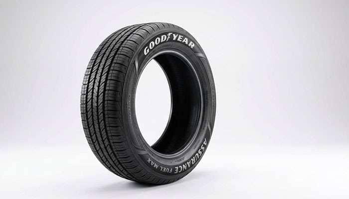 Goodyear Assurance Fuel Max passenger tire promoting fuel efficiency with an excellent 8.5 easy score rating
