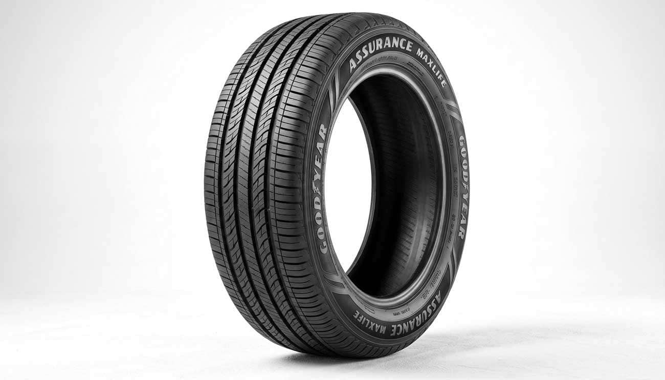 Goodyear Assurance MaxLife all-season tire showcasing tread pattern and sidewall design