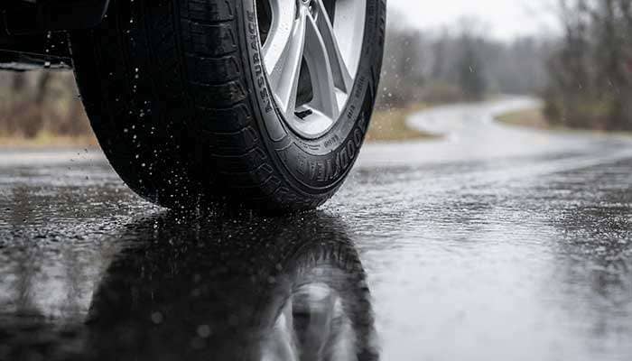 Goodyear Assurance MaxLife tire on wet road surface demonstrating wet traction capability