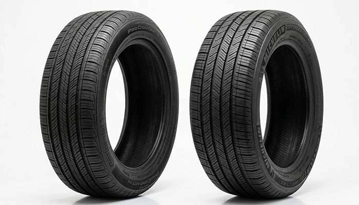 Goodyear and Cooper passenger tires displayed on a clean white seamless studio backdrop