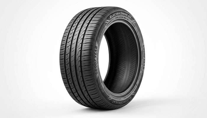 Goodyear ElectricDrive GT passenger tire for electric vehicles shown with a white electric car and buy now button