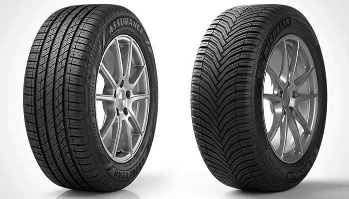 Comparison image of Goodyear Assurance MaxLife tire versus Michelin Defender 2 tire