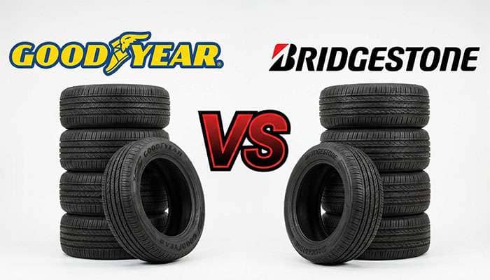 Side-by-side comparison of Goodyear and Bridgestone tires with their logos and a bold VS in the center