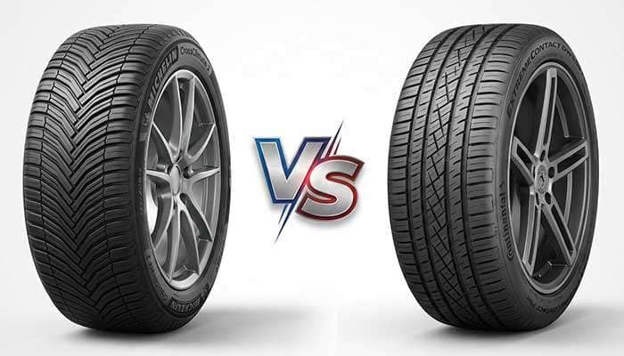 Side-by-side comparison of Goodyear and Michelin tires with their logos above and a red VS in the center