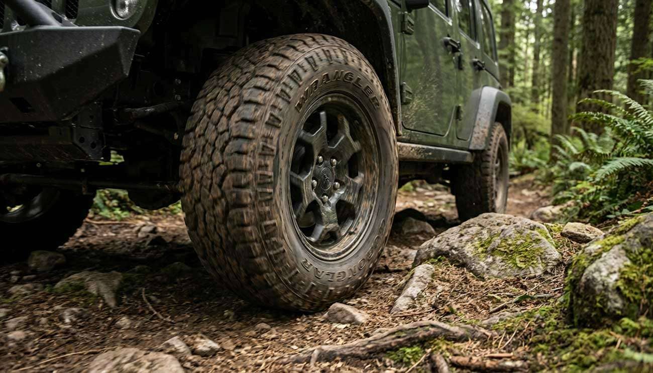 Close-up of a Goodyear Wrangler tire on an off-road vehicle driving on a rocky dirt trail in a forested area