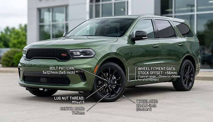 Green Dodge Durango SUV parked outdoors with text highlighting wheel bolt pattern and fitment details.