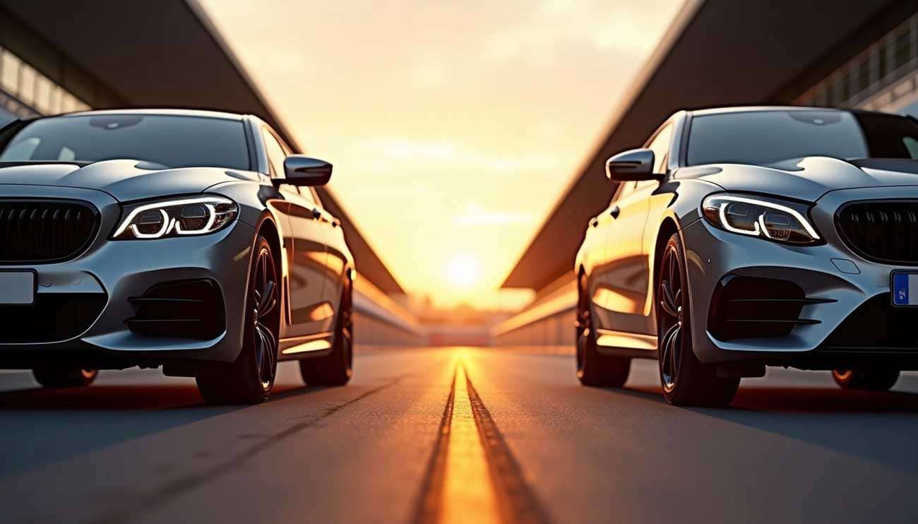 Two sleek cars facing each other on a racetrack at sunset highlighting tire performance and speed ratings