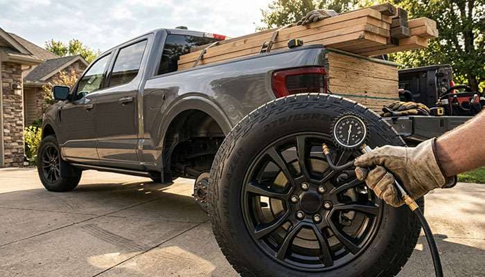 Half-ton pickup with a loaded bed and a hand checking rear tire pressure with a gauge before towing