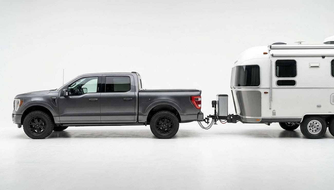 Half-ton pickup truck hitched to a travel trailer, side view showing the loaded rear suspension and hitch connection