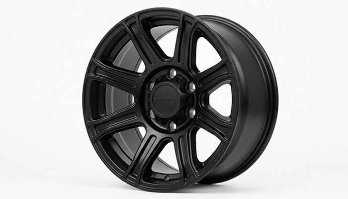 Close-up of an 8-lug heavy-duty truck wheel showing reinforced construction and large bolt pattern