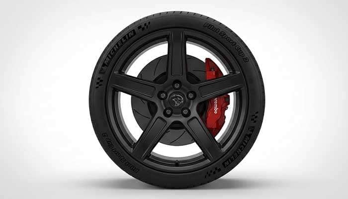 Hellcat Redeye style five-spoke wheel in matte black finish for Dodge Challenger