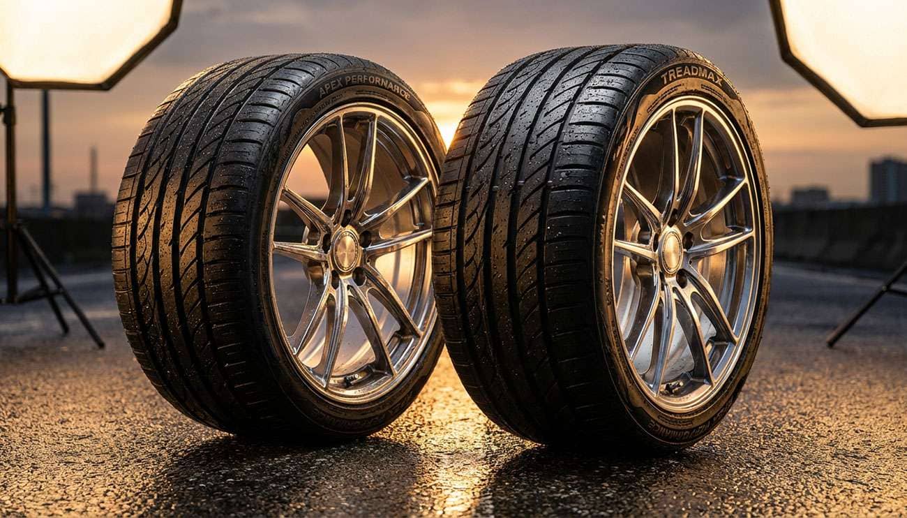 Close-up of high-performance sports car tires on wet asphalt at sunset highlighting tire tread and sleek rims