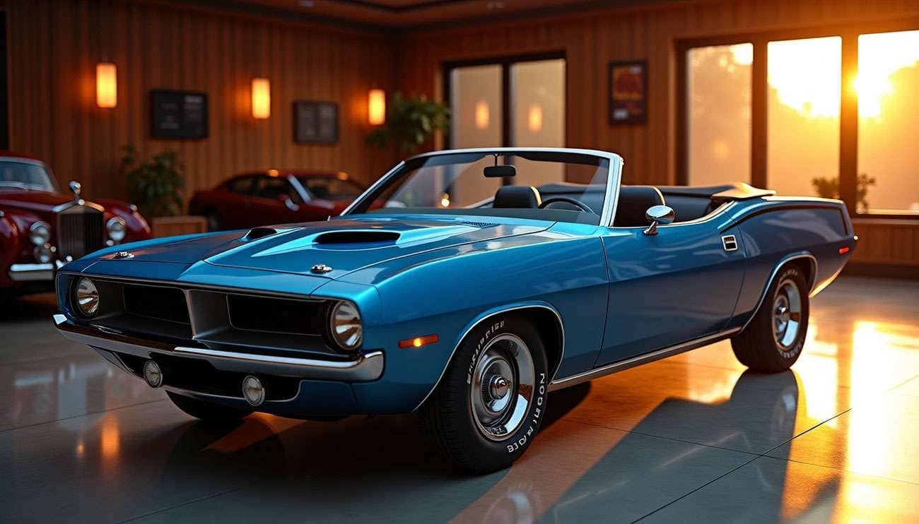Blue classic convertible muscle car displayed in a sunlit showroom with vintage cars in the background
