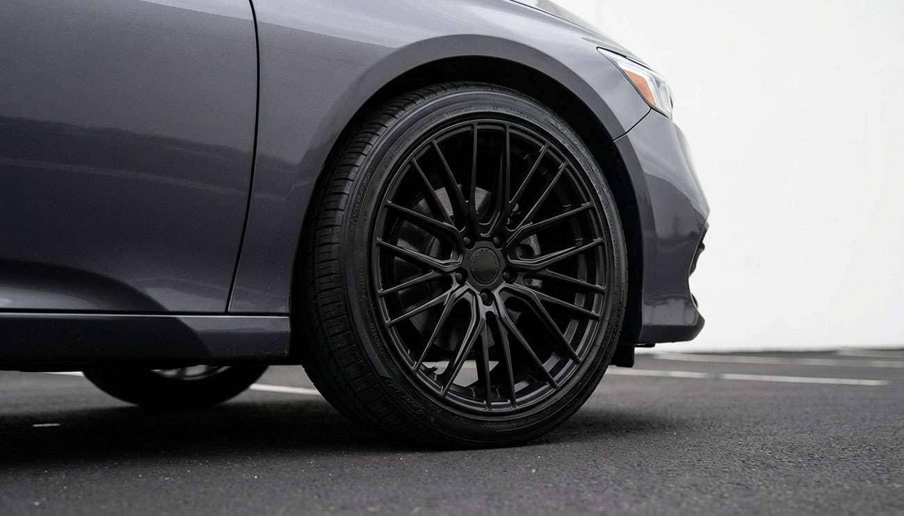 Close-up of a dark gray 2017-2021 Honda Accord front wheel with aftermarket black multi-spoke rims in a parking lot
