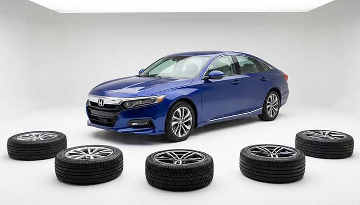 Blue Honda Accord with five different tire options displayed, labeled as best tires for Honda Accord