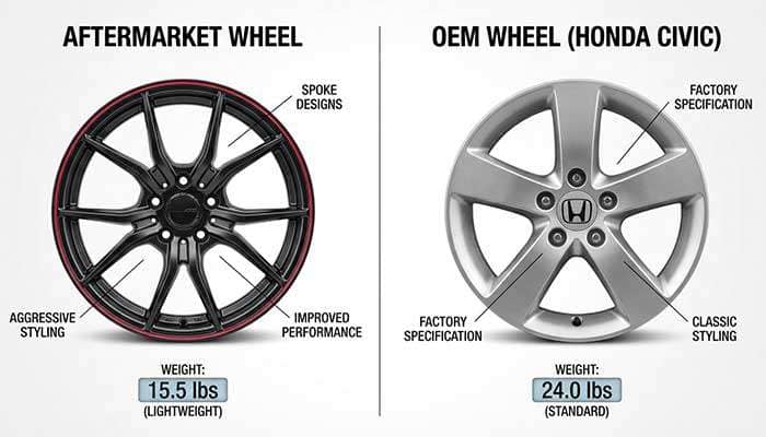 Infographic comparing aftermarket wheels and OEM wheels for Honda Civic, highlighting benefits like weight savings, brake clearance, and cost-effectiveness