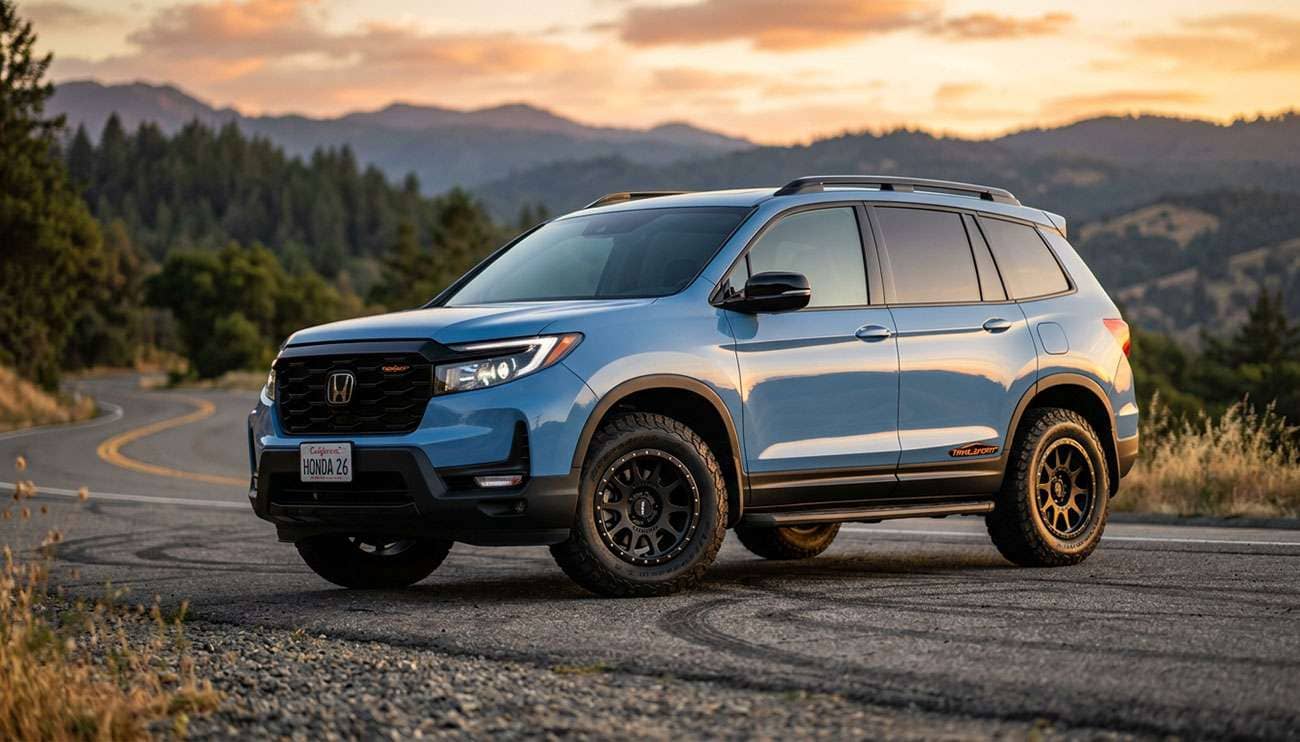 2026 Honda Passport TrailSport with bold aftermarket alloy wheels parked on an open road at golden hour, side-angle view