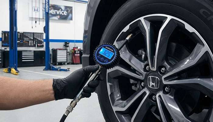 Technician wearing gloves checks tire pressure on a Honda car wheel using a pressure gage