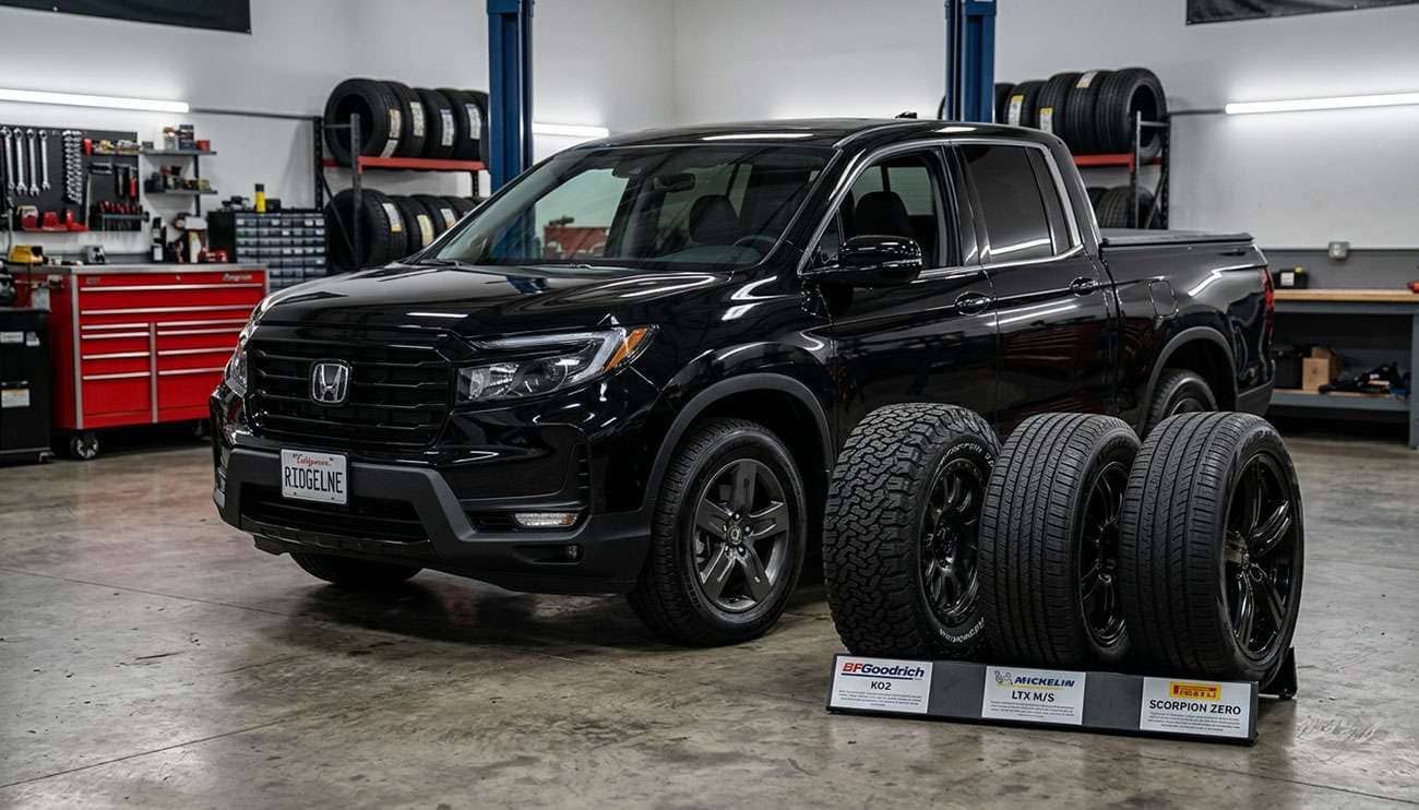 Black Honda Ridgeline in a garage with three different aftermarket tires displayed in front for performance comparison.