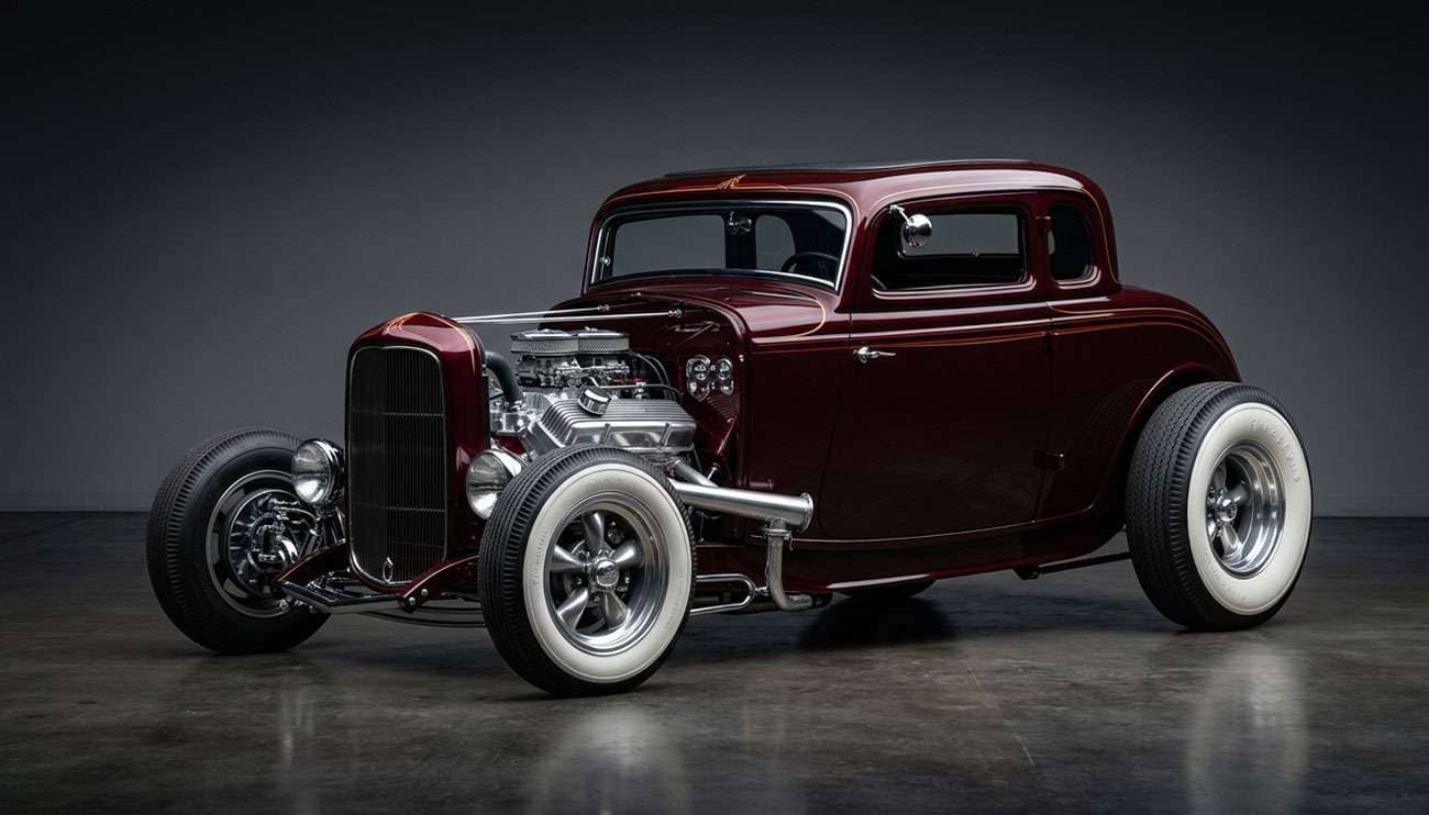Classic American hot rod three-quarter view with polished classic mag wheels and whitewall tires