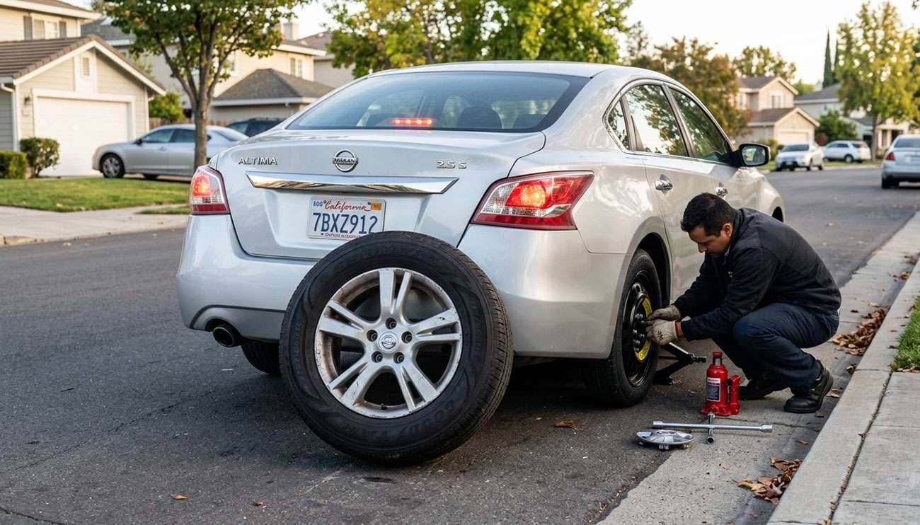compact donut spare tire mounted on a vehicle wheel with the flat tire leaning against the car showing a roadside tire change in progress
