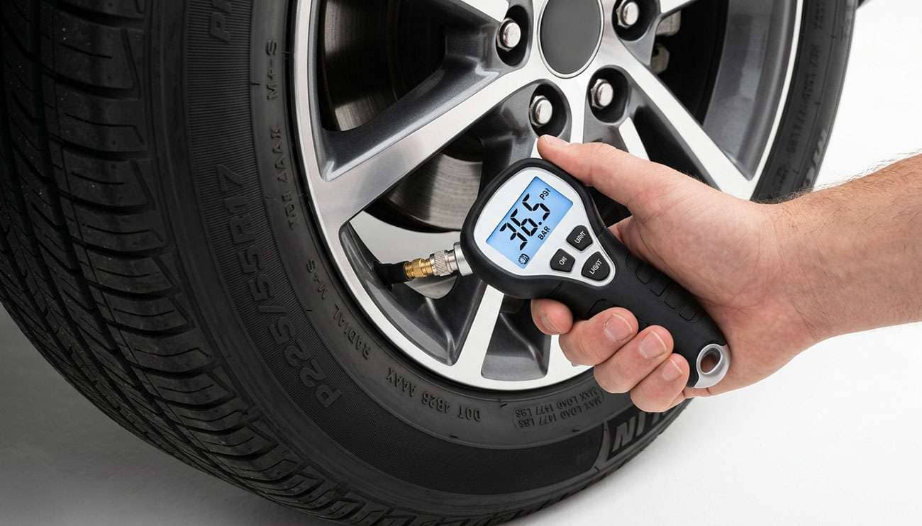 Digital tire pressure gauge reading above the recommended PSI on a car tire valve stem