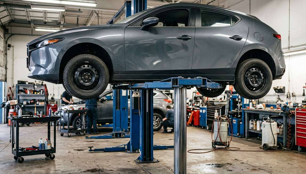 Vehicle on lift with all four tires being rotated and inspected in professional service shop