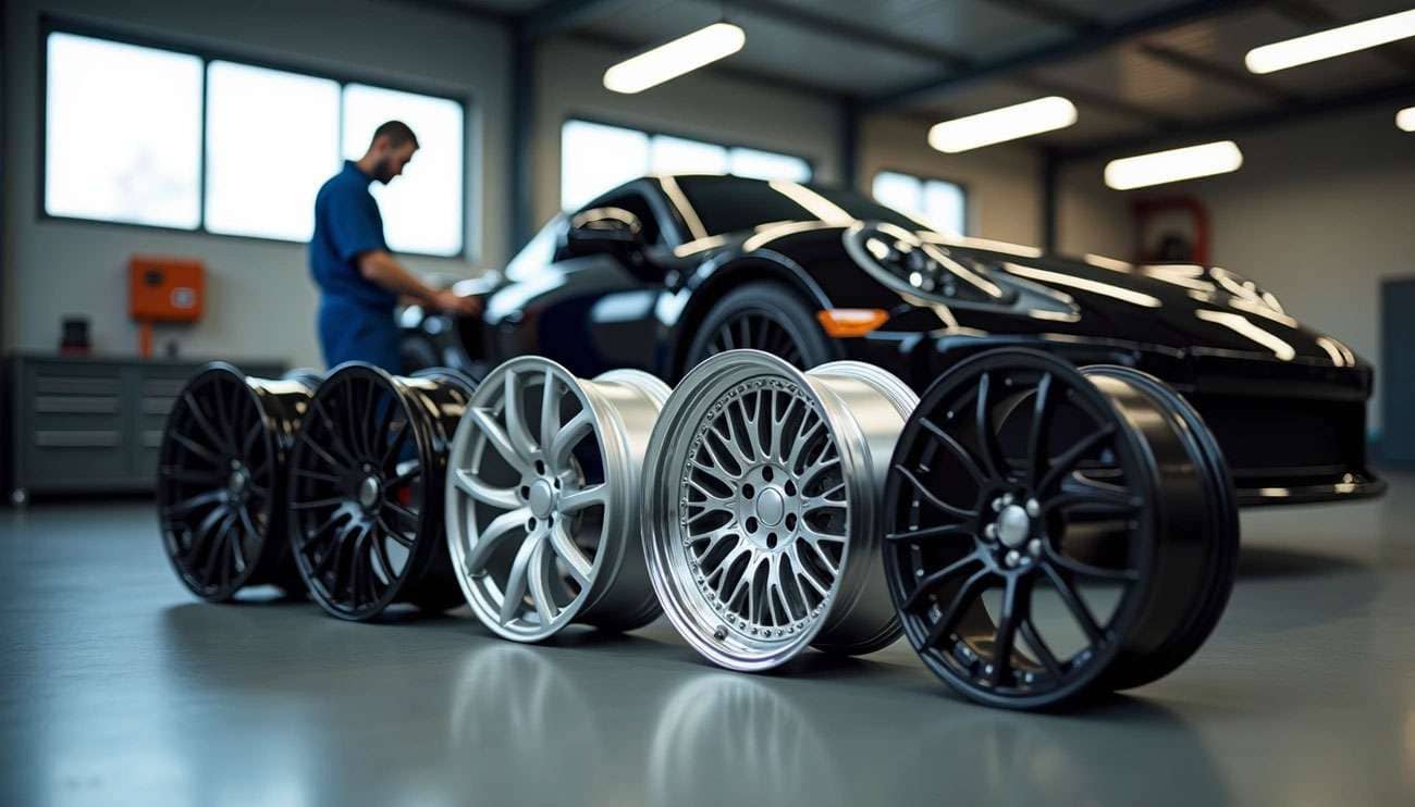 Five different car rims displayed in front of a black sports car in a well-lit garage with a mechanic in the background