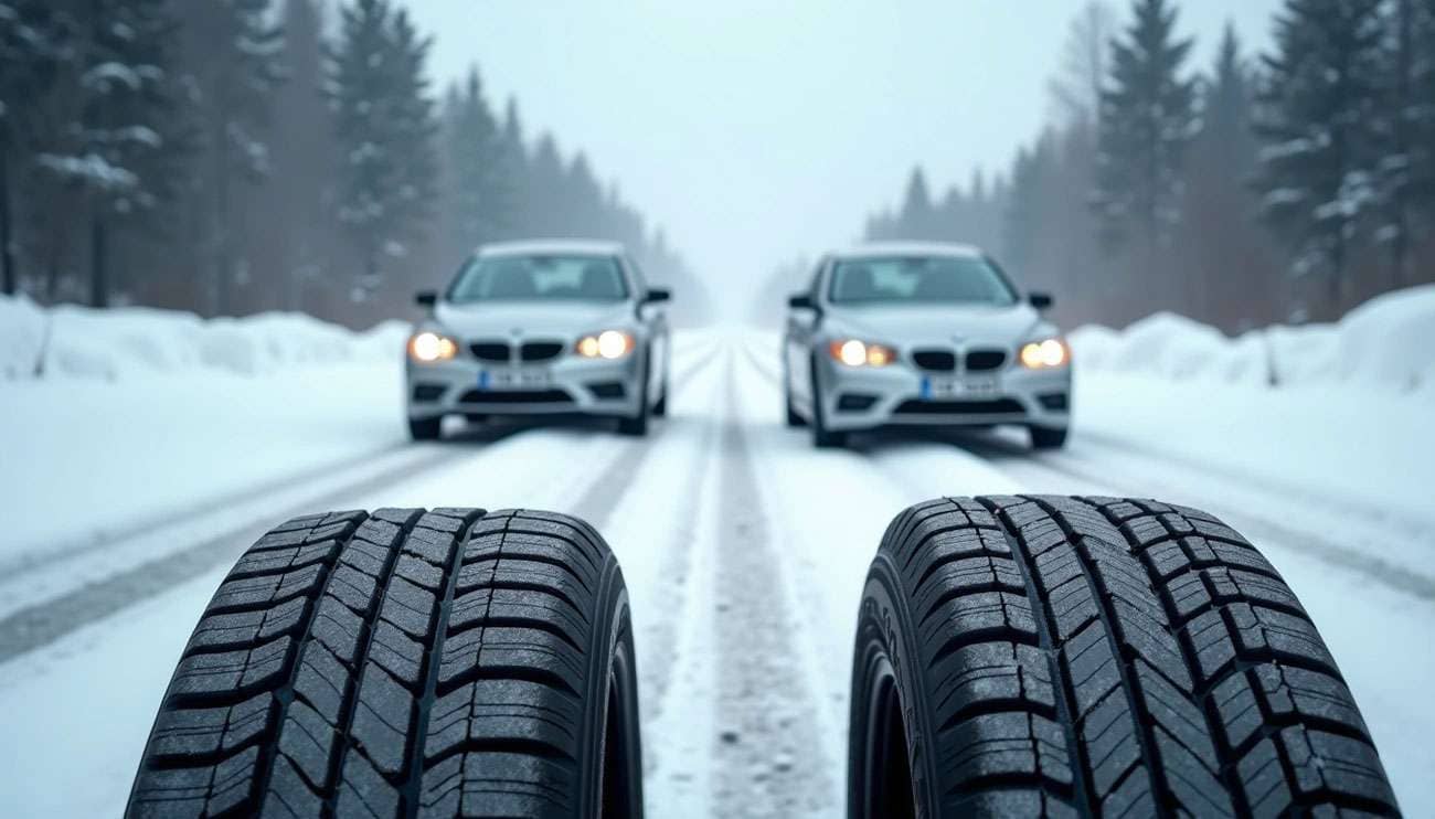 Two snow tires in focus with two cars on a snowy road surrounded by trees, illustrating winter driving safety