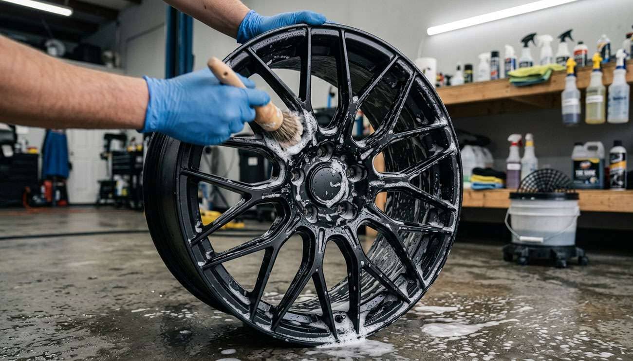 Aftermarket wheel being cleaned with soft brush and pH-neutral wheel cleaner in professional shop setting