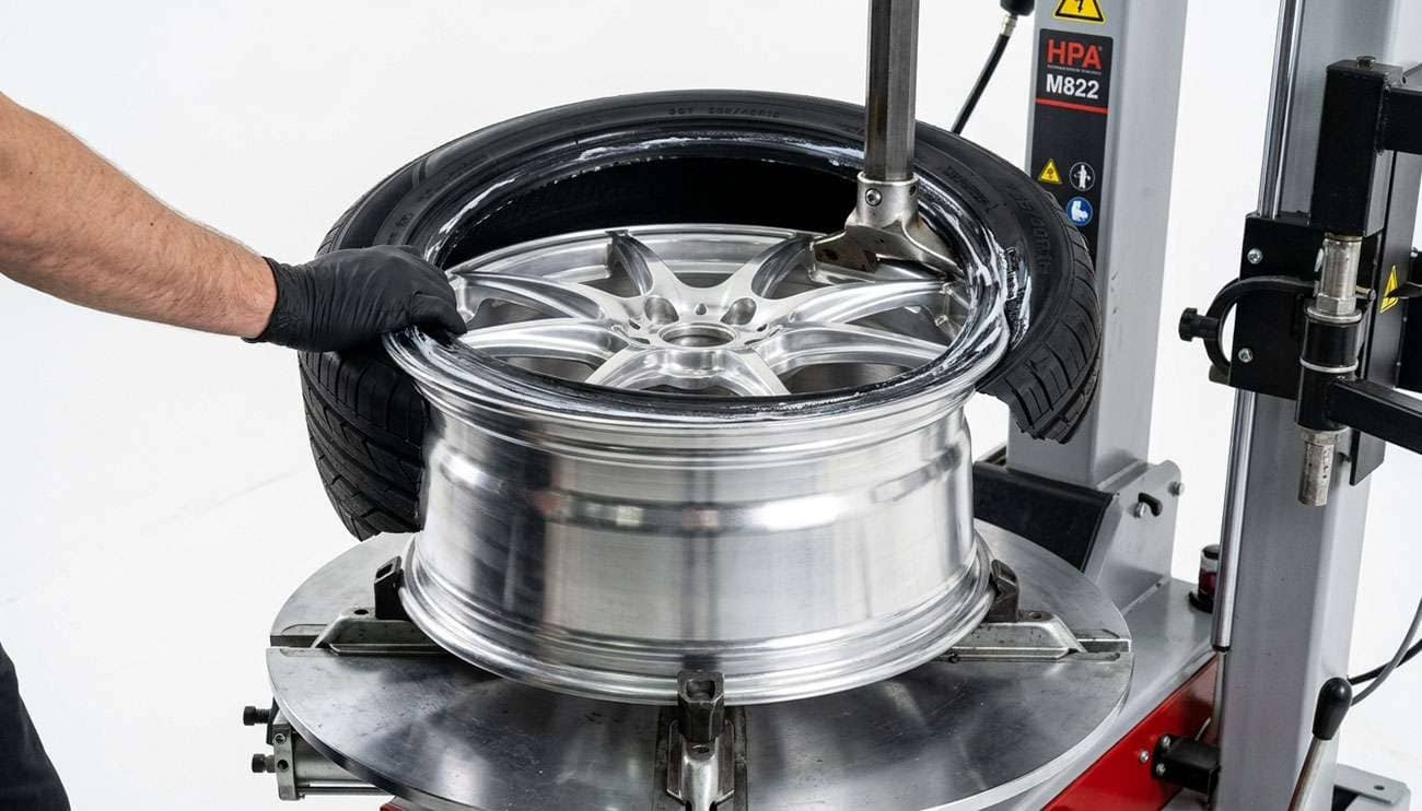 New tire being mounted on an aluminum wheel with a tire changer mount head, bead lubricant applied to the tire bead