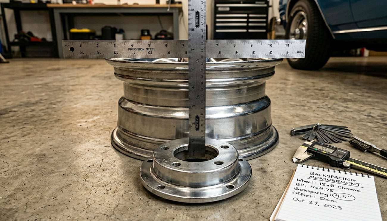 measuring backspacing on a classic car rim with a straight edge and ruler on a garage floor