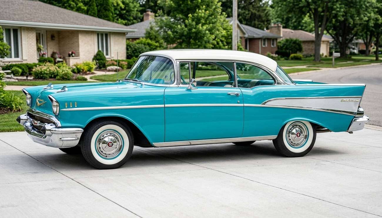 Restored bright white whitewall tires on a classic car parked on a clean driveway