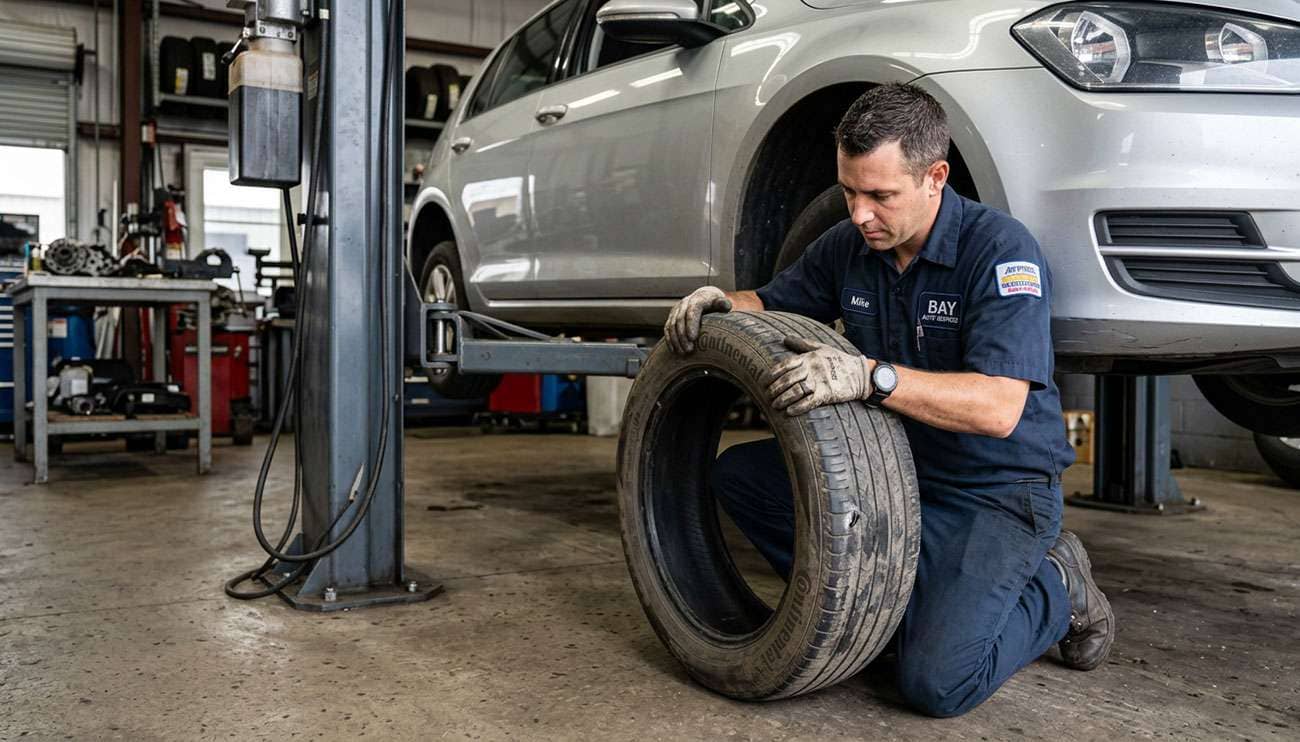 Mechanic inspecting a worn passenger car tire sidewall and tread for damage in a service bay
