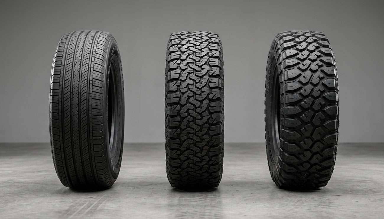 Three truck tires side by side showing the tread pattern differences between highway terrain all-terrain and mud-terrain tires