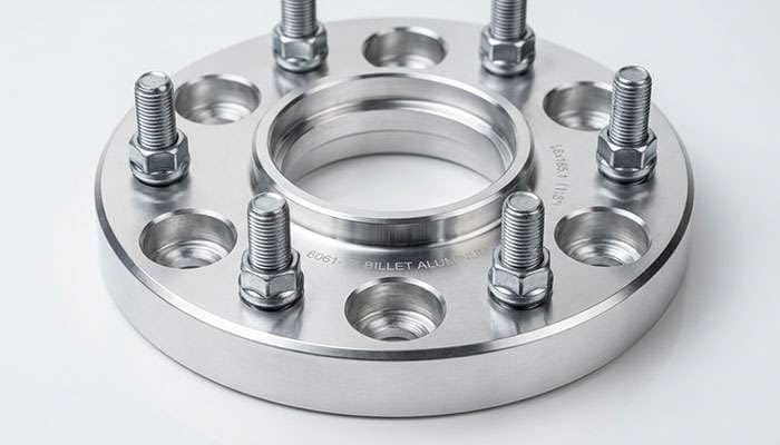 Close-up of a hub-centric wheel spacer showing center bore and bolt pattern machining