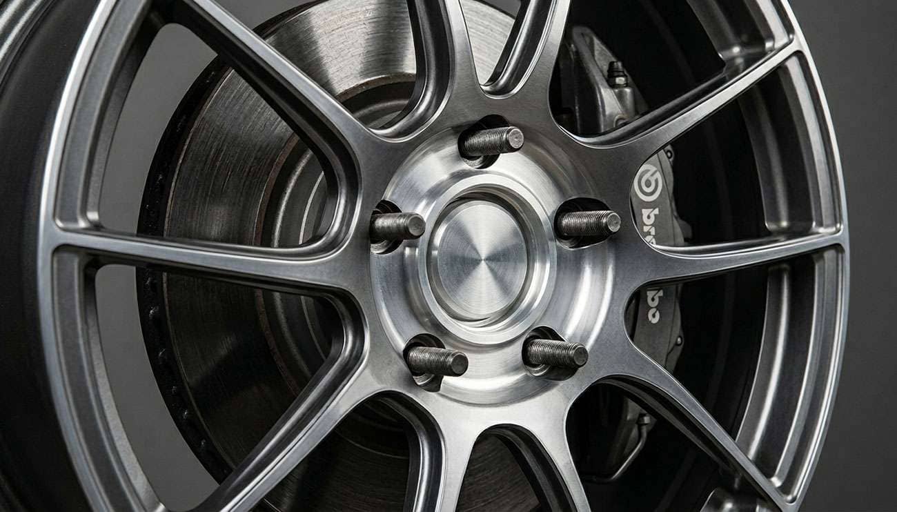 Close-up view of an aluminum aftermarket wheel being mounted onto a vehicle hub showing the center bore and wheel studs during installation