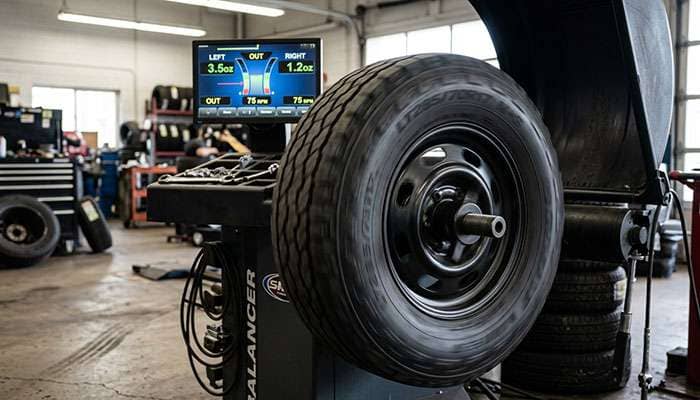 Tire on Hunter GSP 9700 Road Force balancer showing measurement readings during real-world testing