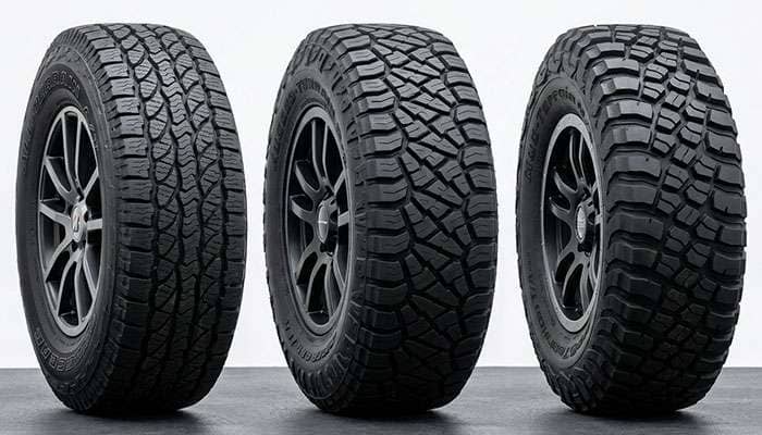 Side-by-side comparison of all-terrain, hybrid rugged-terrain, and mud-terrain tire tread patterns