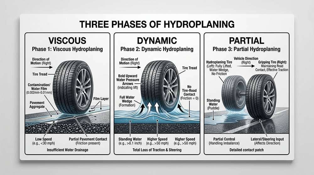 diagram showing the three phases of hydroplaning including viscous partial and full dynamic hydroplaning with tire to road contact illustrations