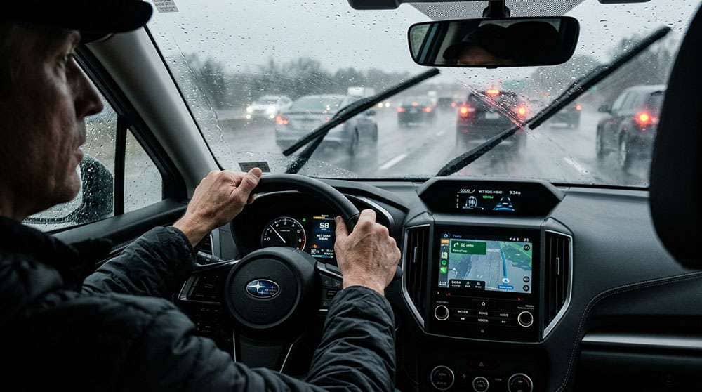 driver hands on steering wheel showing correct technique during hydroplaning recovery ease off accelerator hold wheel straight