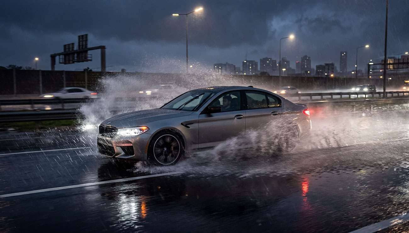 car driving through standing water on a wet highway with spray visible showing dangerous hydroplaning conditions during heavy rain