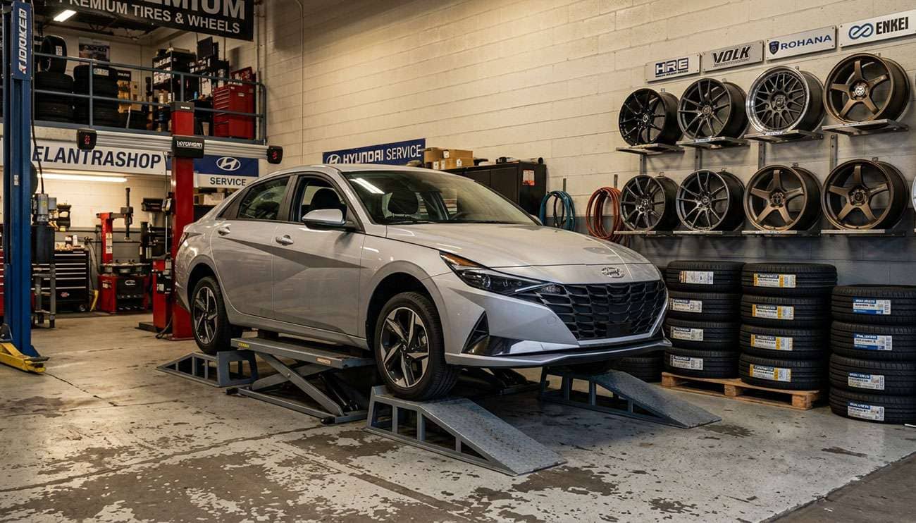 Silver Hyundai Elantra on ramps in a garage with aftermarket tires stacked nearby and wheels on racks