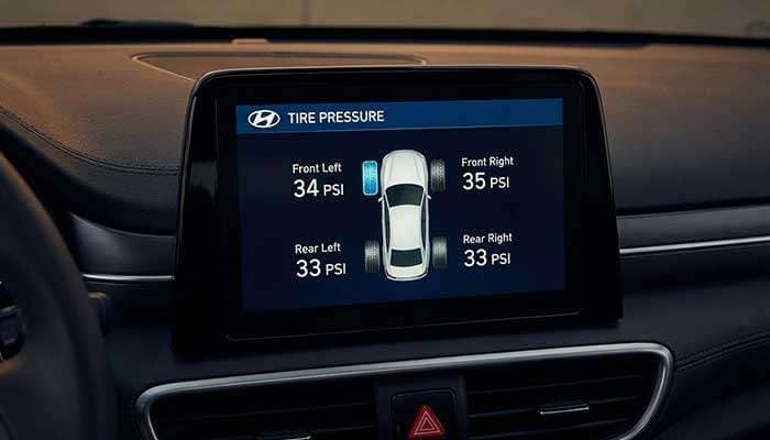 Hyundai tire pressure monitoring system display showing tire pressures of 34 and 35 psi for each tire